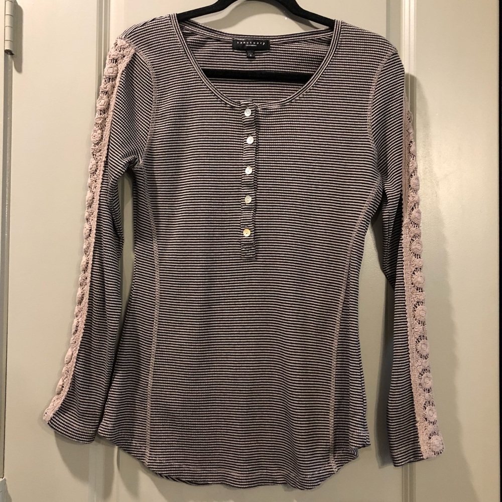 Sanctuary | Black Striped Crochet Henley Top
